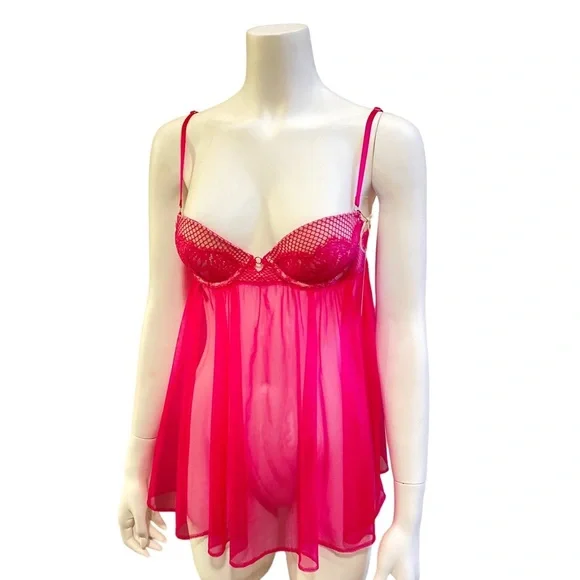 VICTORIA'S SECRET Soft Pink and Fuschia Lace Babydoll Bra Top, size 34B - Picture 11 of 15